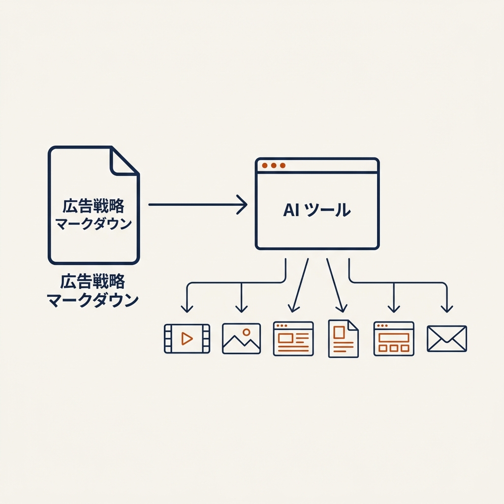 A flowchart showing markdown file loaded into an AI tool and expanding to 6 formats (video, image, LP, etc.).