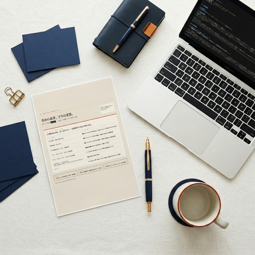 A quiet top-down desk view featuring a fountain pen, a printed slide page showing compliance rules, and a laptop displaying the black-themed markdown report.