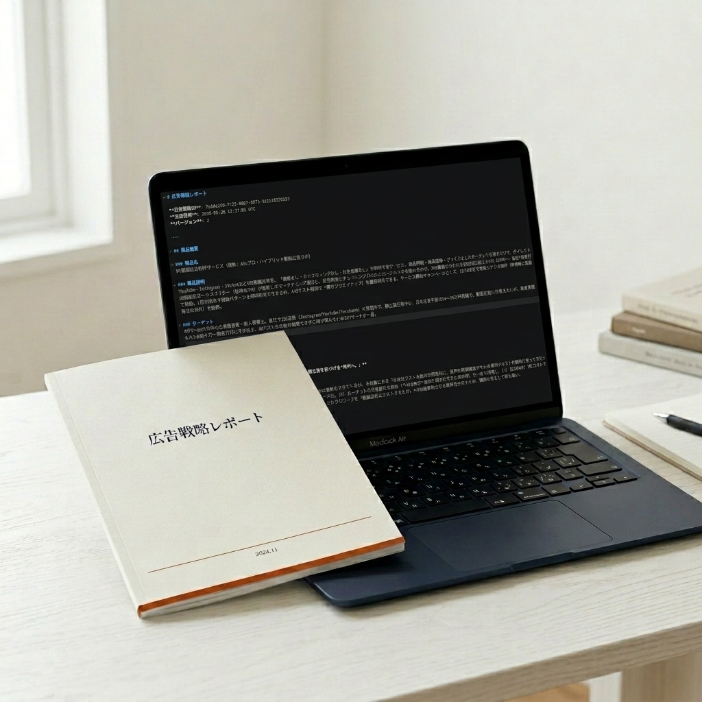 A laptop displaying a markdown document with a physical business report printed on a desk under natural light.