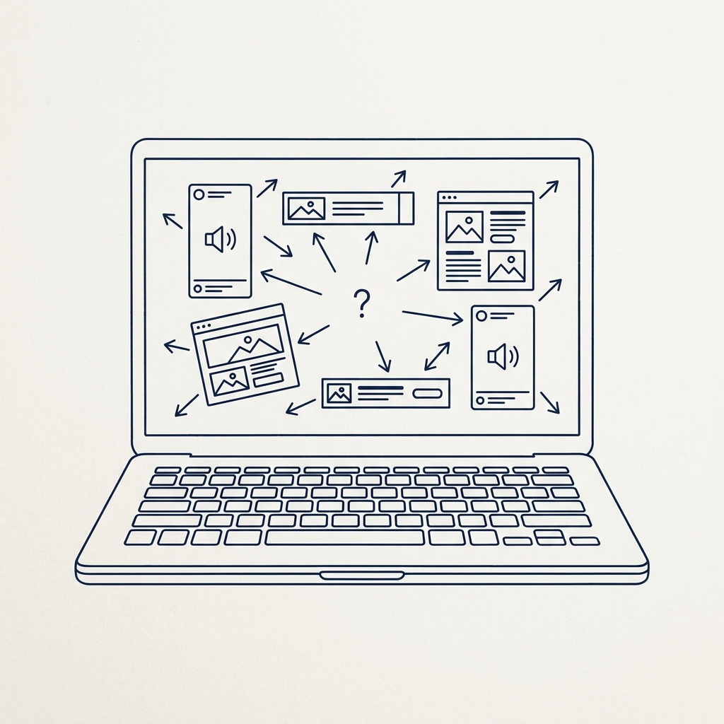 An illustration showing disparate ad creatives pointing in different directions on a screen, showing lack of alignment.
