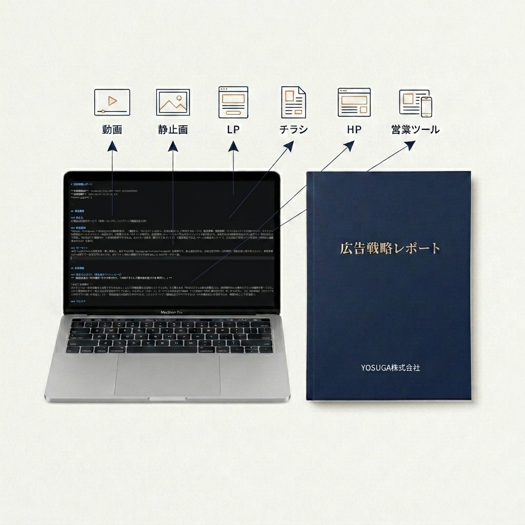A horizontal presentation of two deliverables: a markdown file displayed on a laptop and a printed report booklet, with fanning arrows pointing to multiple ad formats.